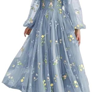Dusty Blue Embroidered Floral Long Sleeve Tulle Dress Size 16